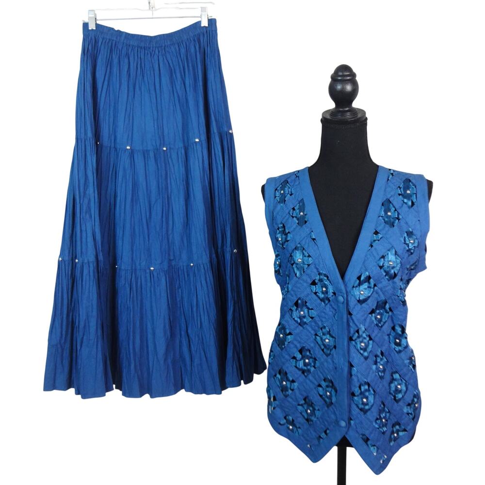 Vintage 90s Blue Vest Maxi Skirt SET Gauze Crinkle Studded Small Cotton Small